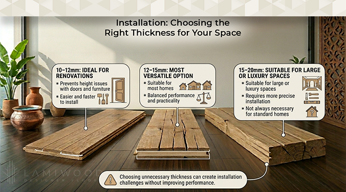 Engineered wood flooring installation in Indian home showing thickness compatibility with doors