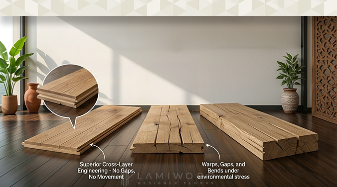 Engineered wood flooring installation in Indian home showing thickness compatibility