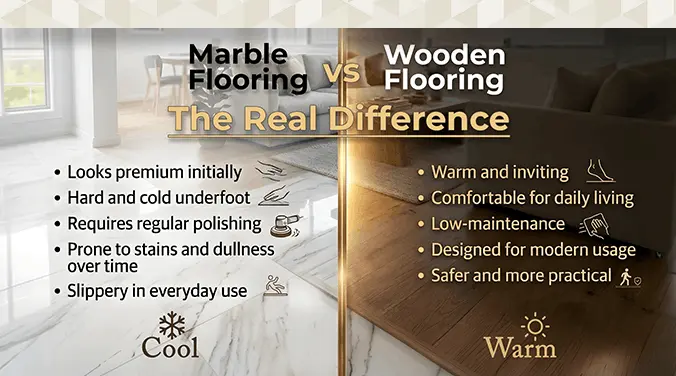 Marble flooring in living room with glossy finish and premium look