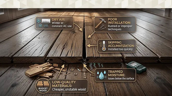 Close-up of gaps forming between wooden flooring planks due to seasonal shrinkage