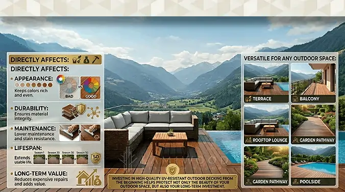UV-resistant outdoor decking on balcony looking premium and well-maintained after multiple seasons