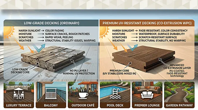 Premium co-extrusion UV-resistant outdoor decking with protective PU layer for long-term durability