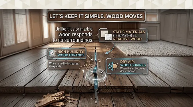 Wood expansion and shrinkage in engineered wooden flooring due to humidity changes