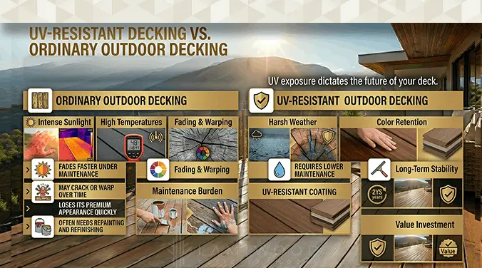 Comparison of UV-resistant outdoor decking vs ordinary decking performance under sunlight