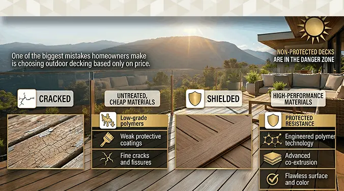 Low-quality outdoor decking showing surface deterioration after repeated UV and weather exposure
