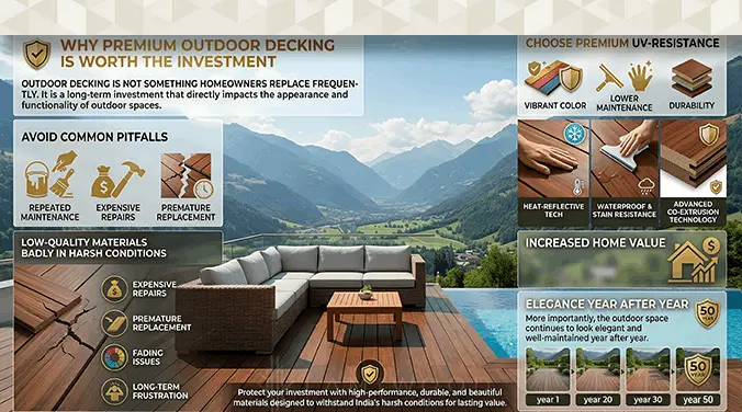 Premium UV-resistant outdoor decking maintaining color and finish on terrace after years of use