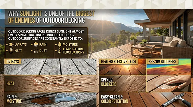 Outdoor decking exposed to direct sunlight UV rays heat and moisture in Indian weather