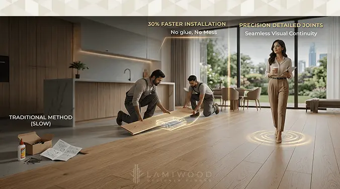 Flooring installer clicking planks together during quick and clean glueless installation process
