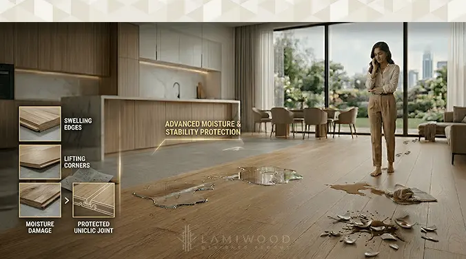 Water droplets beading on moisture-resistant click lock flooring surface showing strong protection against spills
