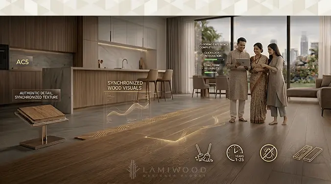 Luxury wood-look click lock flooring in an elegant interior showcasing realistic grain texture and warm finish
