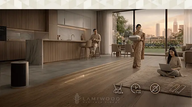 Completed premium click lock flooring installation in a spacious elegant room with sophisticated finish
