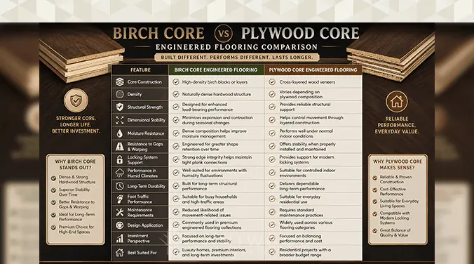Side by side comparison of birch core and plywood core engineered flooring