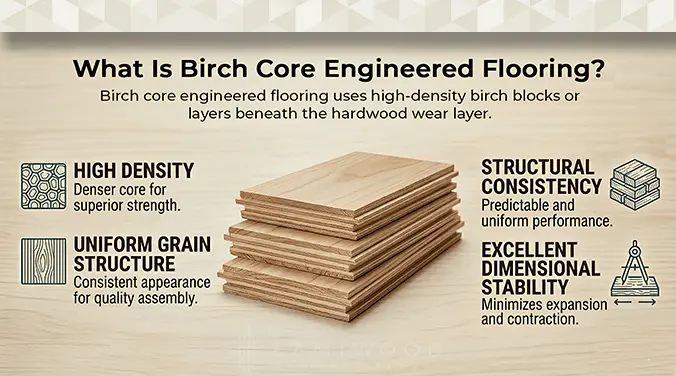 Birch core engineered flooring structure with high density hardwood layers