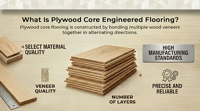 Plywood core engineered flooring with cross layered wood veneer construction