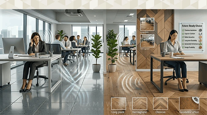 Architects choosing engineered wood flooring patterns for modern office design