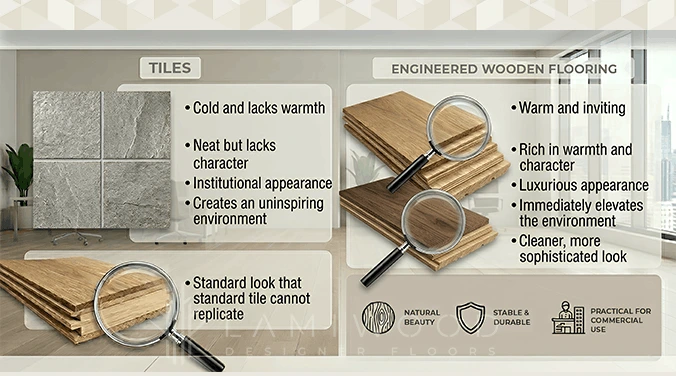 Employees feeling comfortable walking on engineered wood office floor