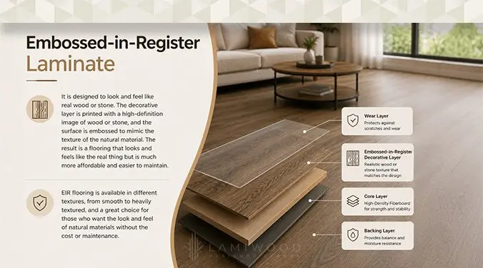 Embossed in register laminate flooring EIR with realistic wood grain texture