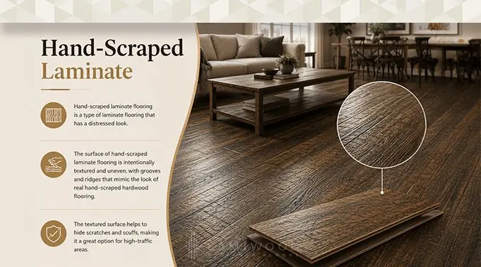 Hand scraped laminate flooring with rustic distressed wood look