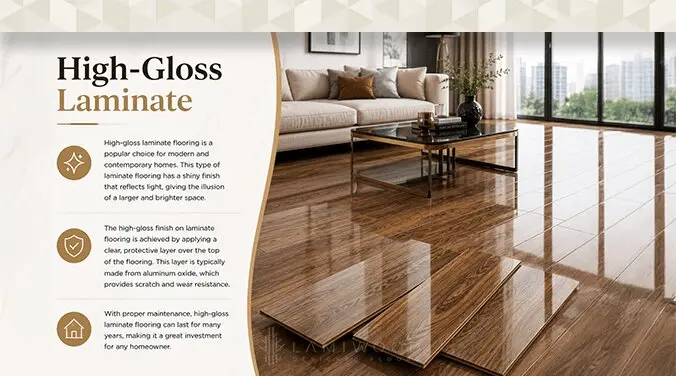 High gloss laminate flooring with shiny reflective finish for modern homes