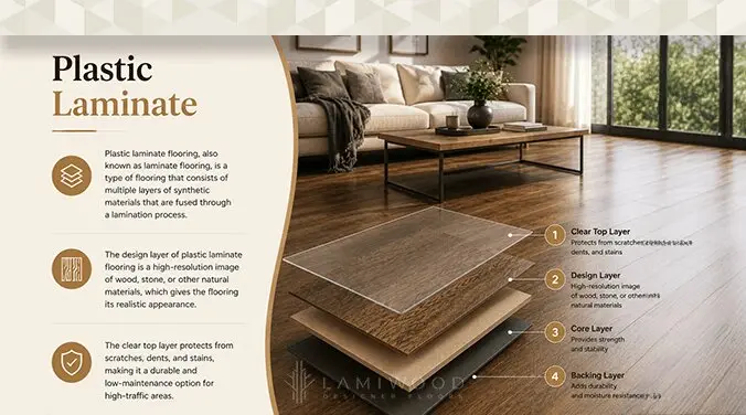 Plastic laminate flooring with realistic wood and stone design layer