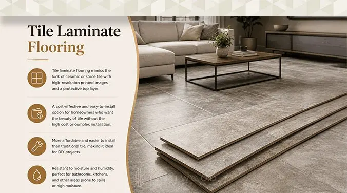 Tile laminate flooring mimicking ceramic and stone tile appearance