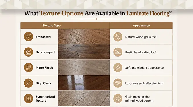 Different texture options in laminate flooring embossed matte high gloss