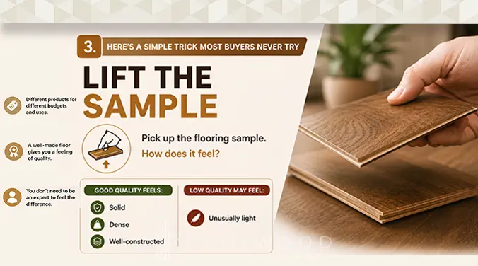 Person lifting a wooden flooring sample to check quality and weight