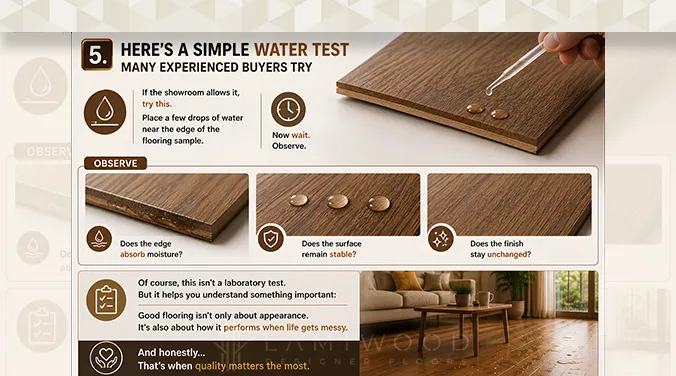 Water drop test on wooden flooring sample to check moisture resistance