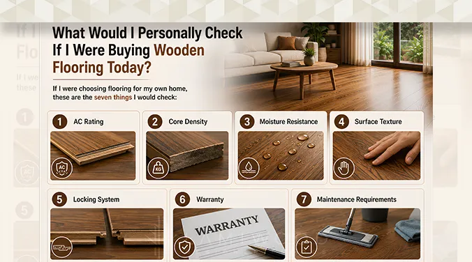 Checklist infographic of 7 things to check before buying wooden flooring