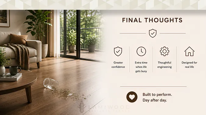 Final guide explaining 100-hour spill resistant hybrid wooden flooring and long-term performance