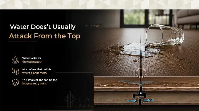 Illustration explaining how moisture enters wooden flooring through joints and locking systems