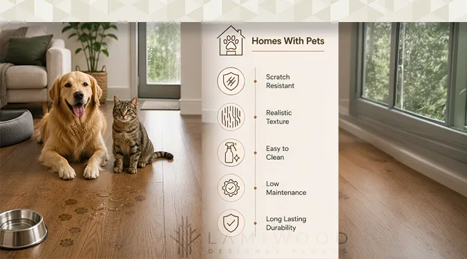 Pet friendly spill resistant wooden flooring suitable for dogs and everyday household moisture