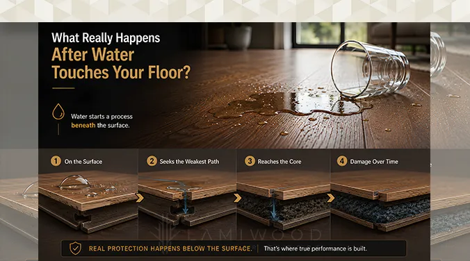 Cross section showing how moisture affects engineered wooden flooring beneath the surface