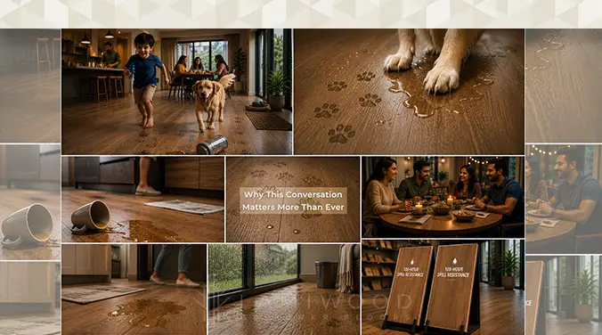 Everyday situations showing why spill resistant wooden flooring is important for modern Indian homes
