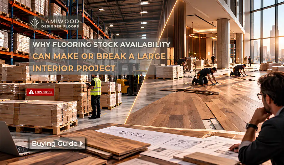 COVER-BANNER_WHY-FLOORING-STOCK-AVAILABILITY-CAN-MAKE-OR-BREAK-A-LARGE-INTERIOR-PROJECT Flooring stock availability for a large interior project, showing warehouse pallets, plank samples and ongoing installation.