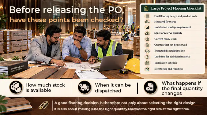 Flooring procurement checklist covering design, quantities, wastage, spare stock, availability, dispatch and site readiness before PO approval.