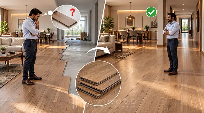 Phased flooring installation compared with a completed matching floor, illustrating design continuity and the need for reserved stock.
