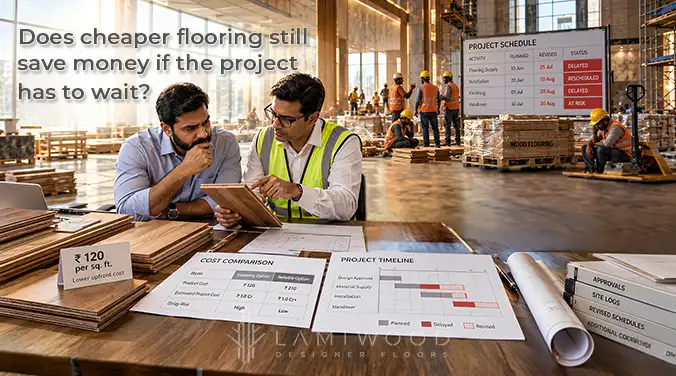 Project team comparing flooring prices, additional costs and a delayed installation schedule, illustrating the impact of supply shortages.