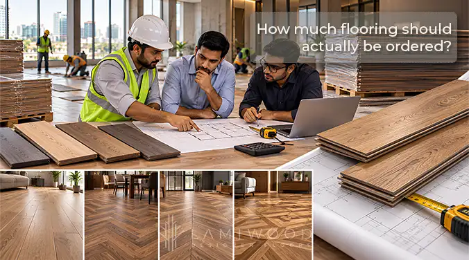 Calculating flooring order quantities with site plans, a measuring tape and calculator, alongside plank and parquet layout examples.