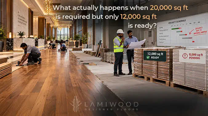 A 20,000 sq ft flooring project with 12,000 sq ft ready and 8,000 sq ft pending, illustrating installation delays.