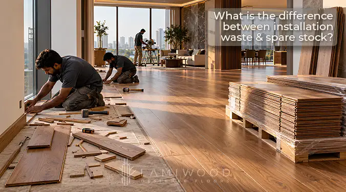 Flooring installation waste shown as cut plank offcuts beside installers, with unused full boards stacked separately as spare stock.