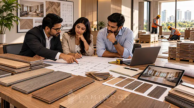 Architects reviewing flooring samples, colour options and project drawings before approving the flooring specification.