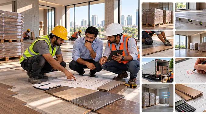 Contractors reviewing flooring plans with checks for material quantity, subfloor readiness, storage, delivery and installation sequence.