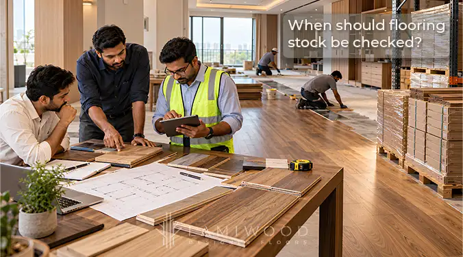 Project team checking flooring samples, site plans and stock records before finalising the installation schedule.
