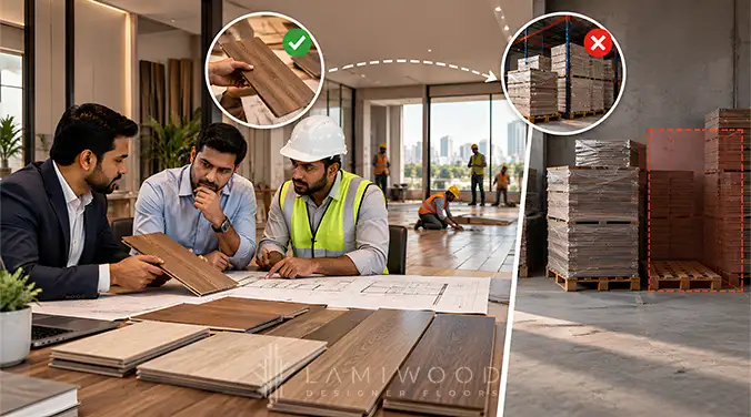 Project team reviewing approved flooring samples and drawings beside limited stock, illustrating a gap between approval and supply.
